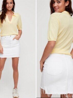 Aritzia Wilfred Free White Tanit Denim Mini Skirt Raw Frayed Hem Stretch Size 8